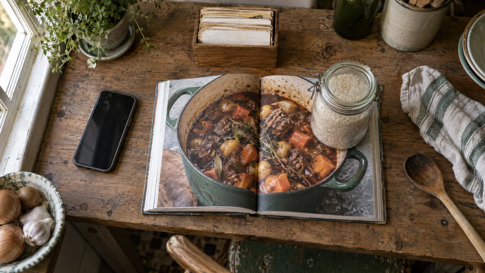 A kitchen counter seen from above with a phone, a worn index card box and a cookbook held open by a jar.