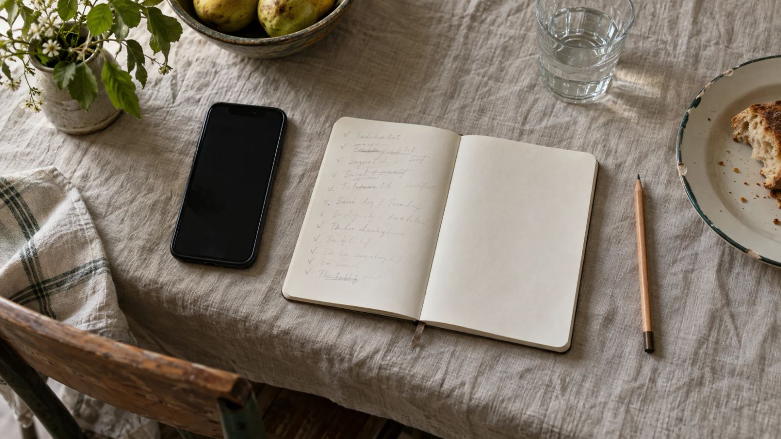 A phone and a paper notebook side by side on linen, seen from above, the notebook half filled in.
