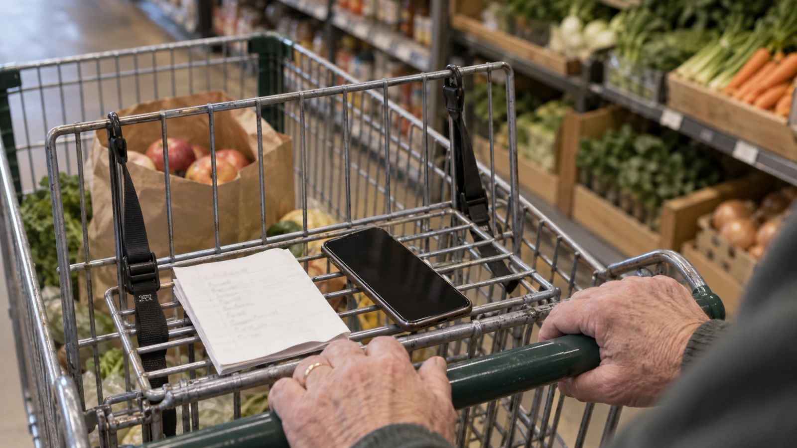 A paper list and a phone in the child seat of a shopping cart, hands only.