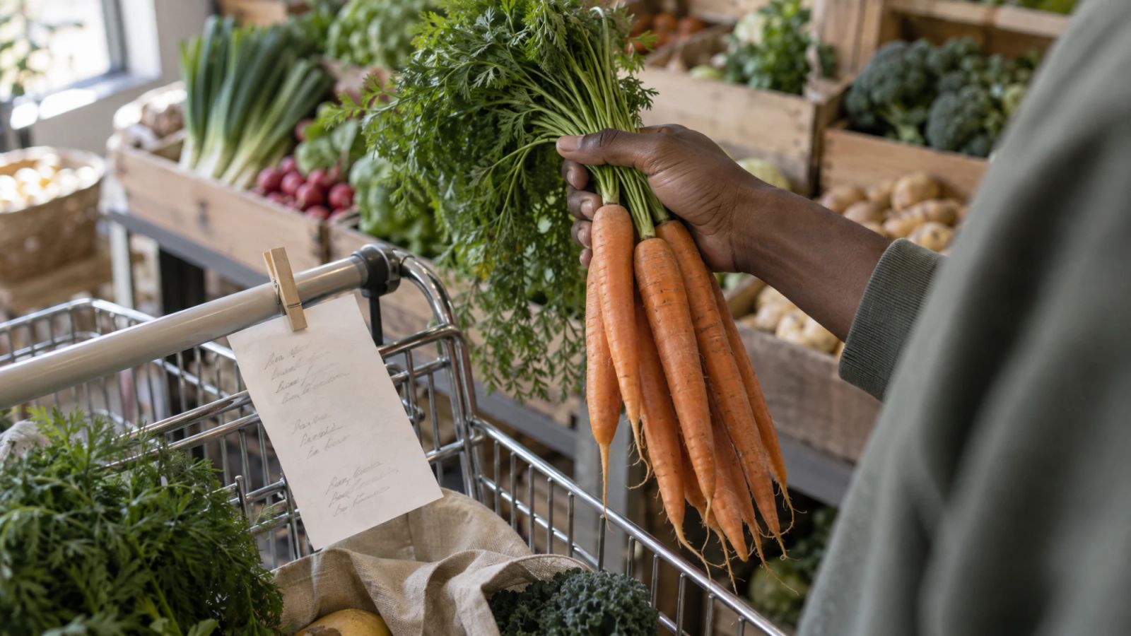 A handwritten grocery list in blocks by aisle, clipped to a shopping cart handle, with a hand holding a bunch of carrots.
