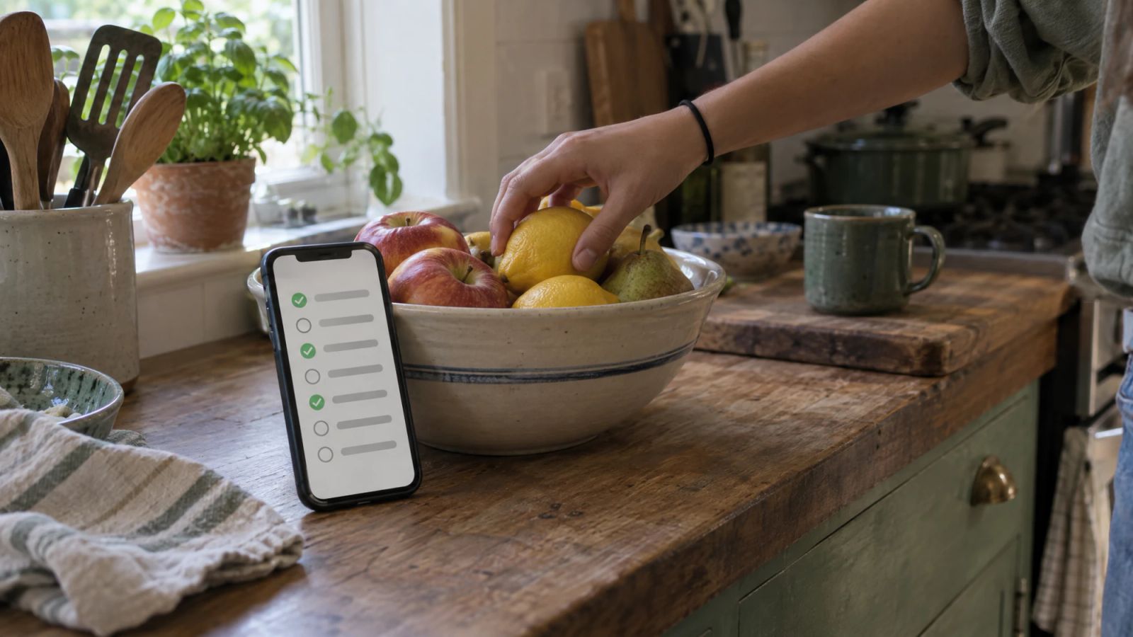 A phone leaning on a fruit bowl with a grocery list on screen, and a hand reaching for a lemon.