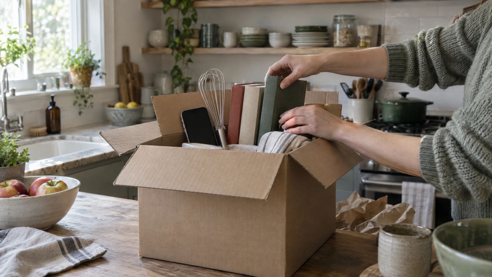 A moving box on a kitchen counter with cookbooks, a whisk and a phone packed inside.