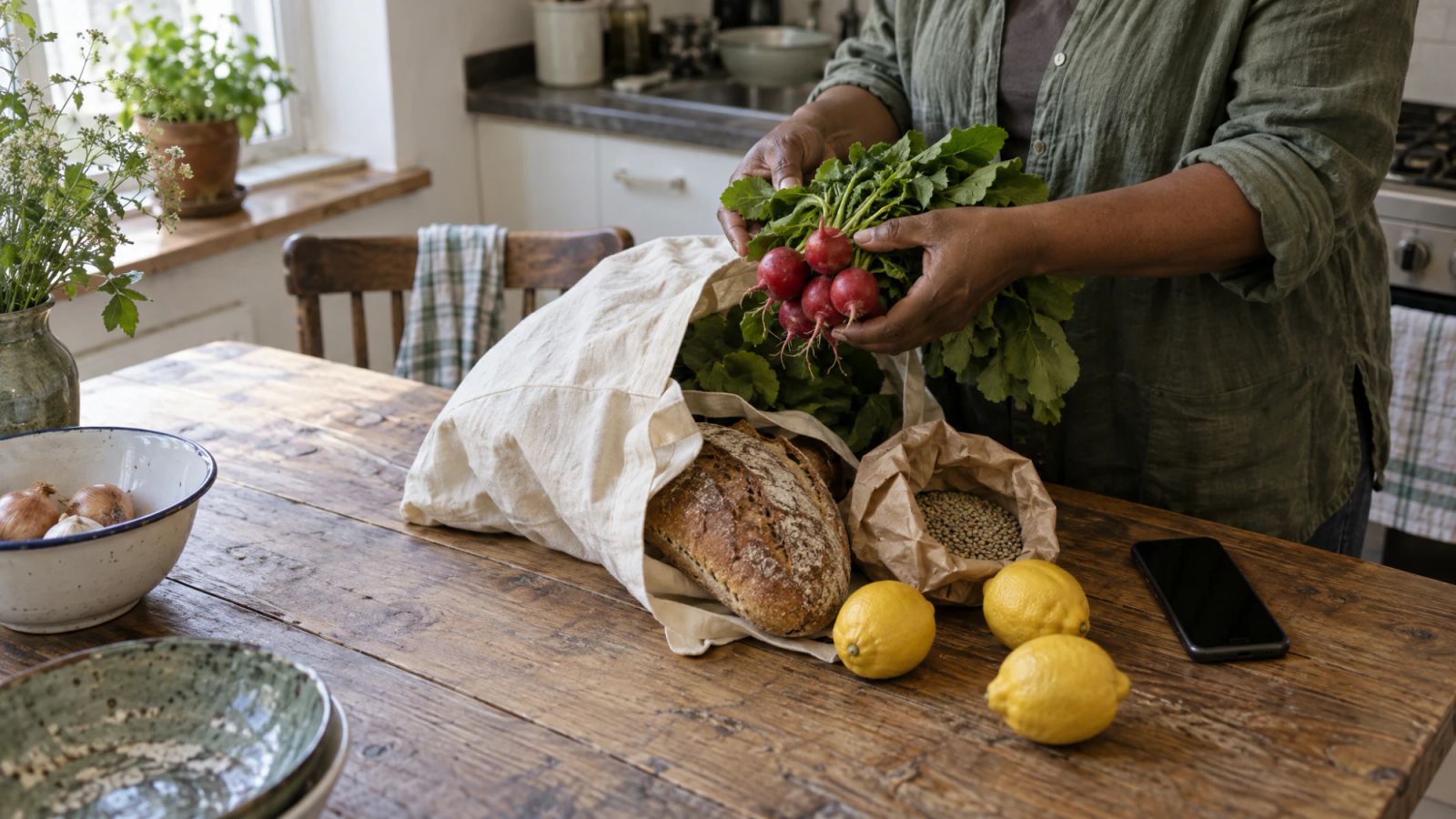 Groceries half unpacked from a cloth bag on a kitchen table, with two hands lifting out a bunch of radishes and a phone lying beside them.