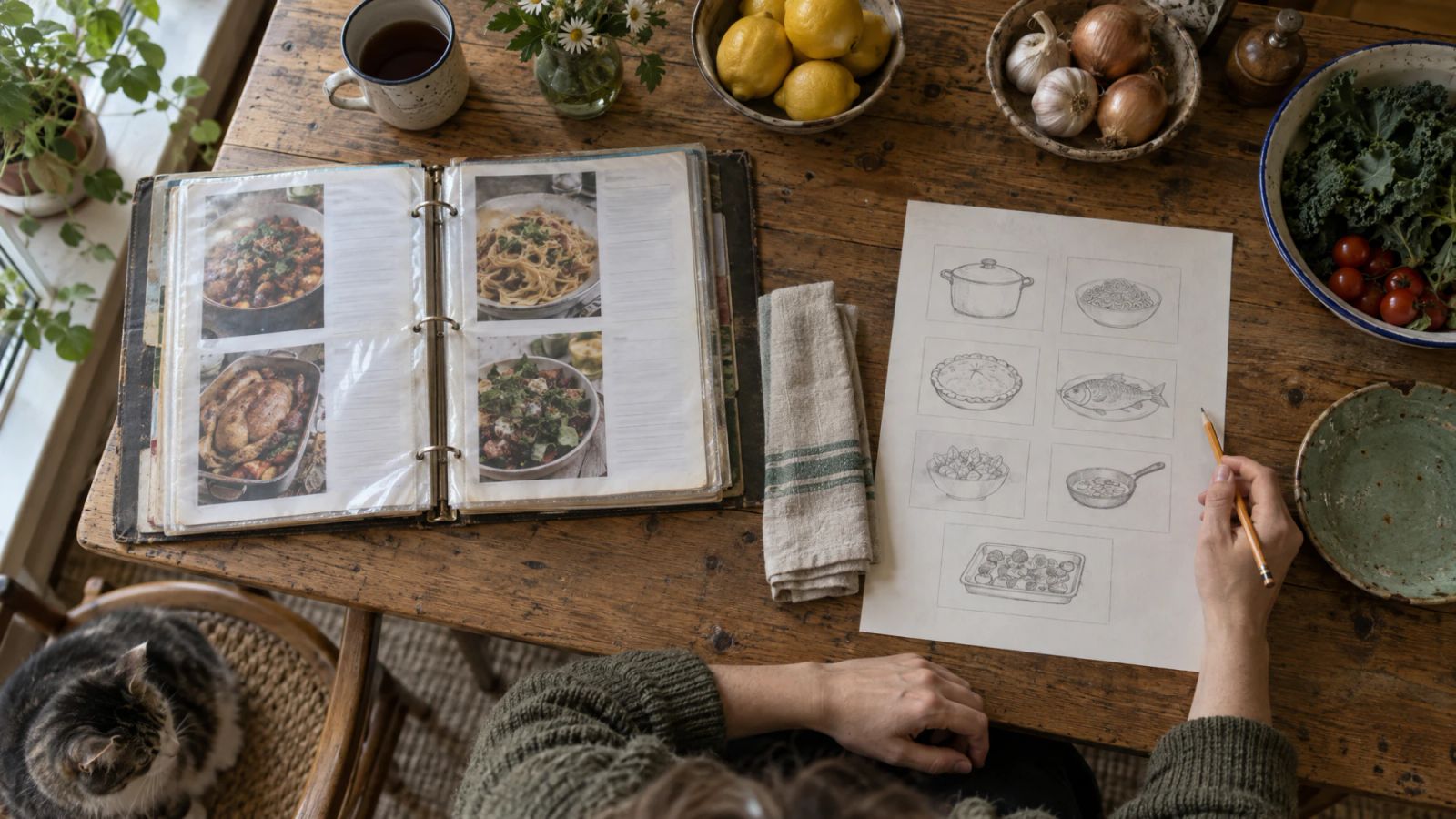 A recipe binder on one side of a kitchen table and a week of dinners sketched on paper on the other.