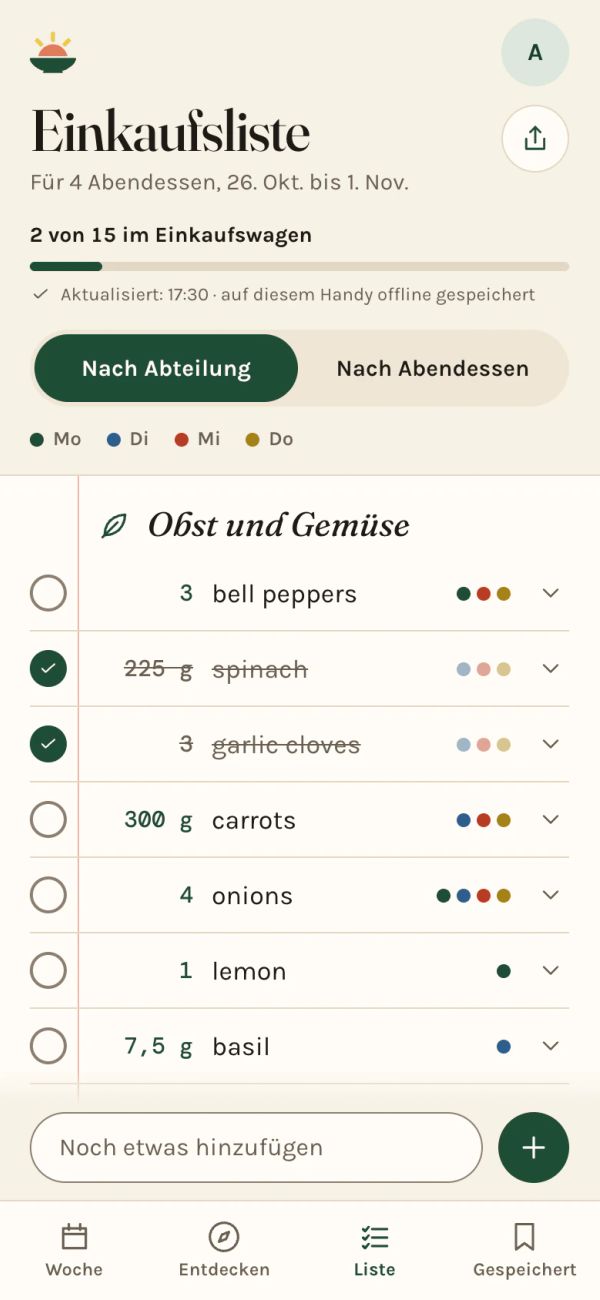Die Simmerset-Einkaufsliste auf einem Handy, nach Abteilungen sortiert, jede Zeile mit den Abendessen markiert, die sie brauchen
