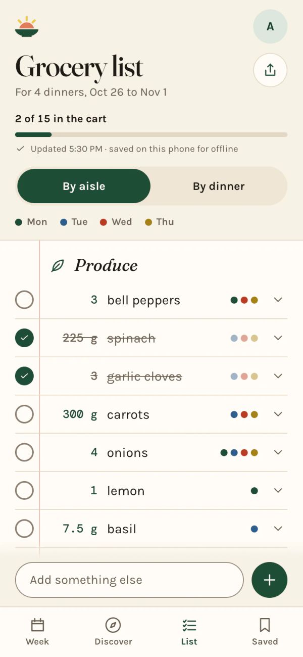 The Simmerset grocery list on a phone, grouped by aisle, each line marked with the dinners that need it