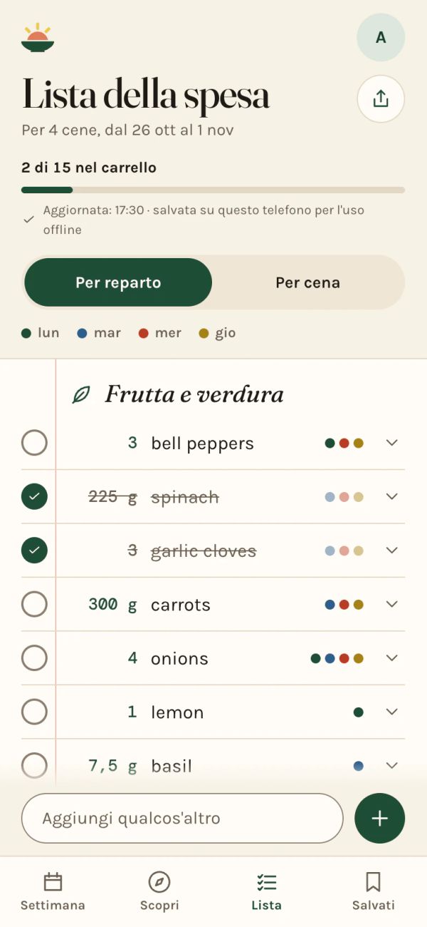 La lista della spesa di Simmerset su un telefono, divisa per reparto, con ogni riga segnata con le cene che ne hanno bisogno