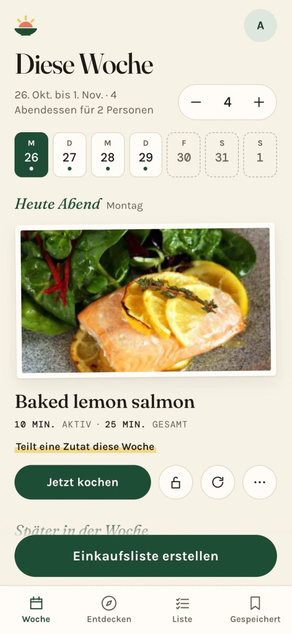 Die Abendessen dieser Woche in der Simmerset-App auf einem Handy